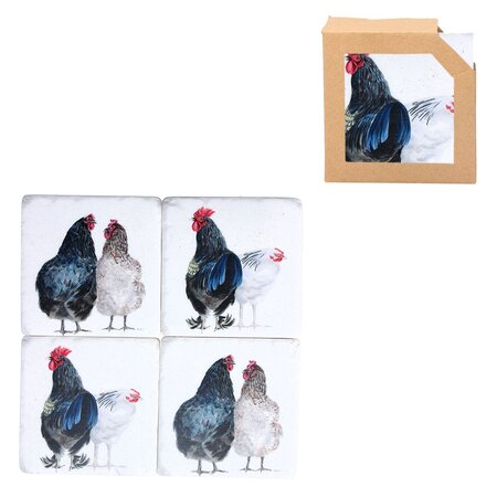 Hen & Cockerel Resin Coaster Pk/4