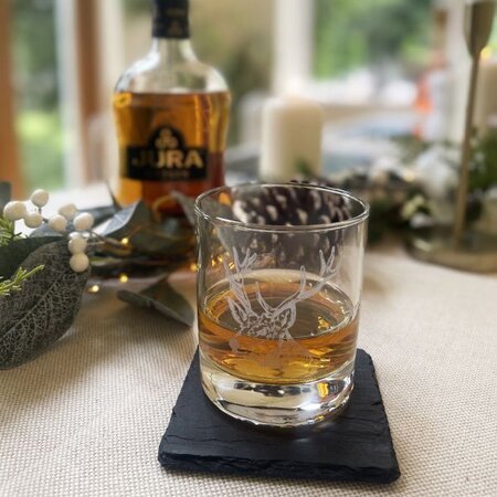 Stag Engraved Glass Tumbler with Slate Coaster Gift Set